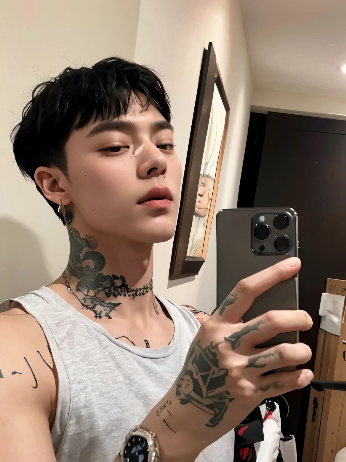 Taehyung com tatuagens taking a selfie in a mirror, tae kim, com tatuagem facial, 25 anos, com tatuagens, Taehyung, inspirado em Taehyung do grupo BTS, neck tattoos, Androgenium, young androgynous, homem