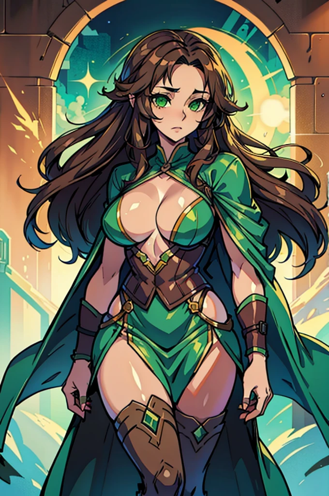 A Beautiful Woman with long brown hair, green eyes and fair skin wearing a green riding cloak.