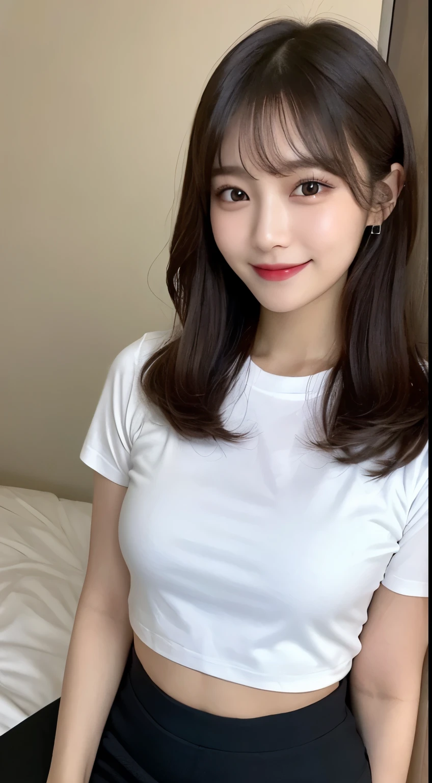 White tight shirt、White tight mini skirt、bed、smile、short sleeve、high resolution、Hallyu Idol Face