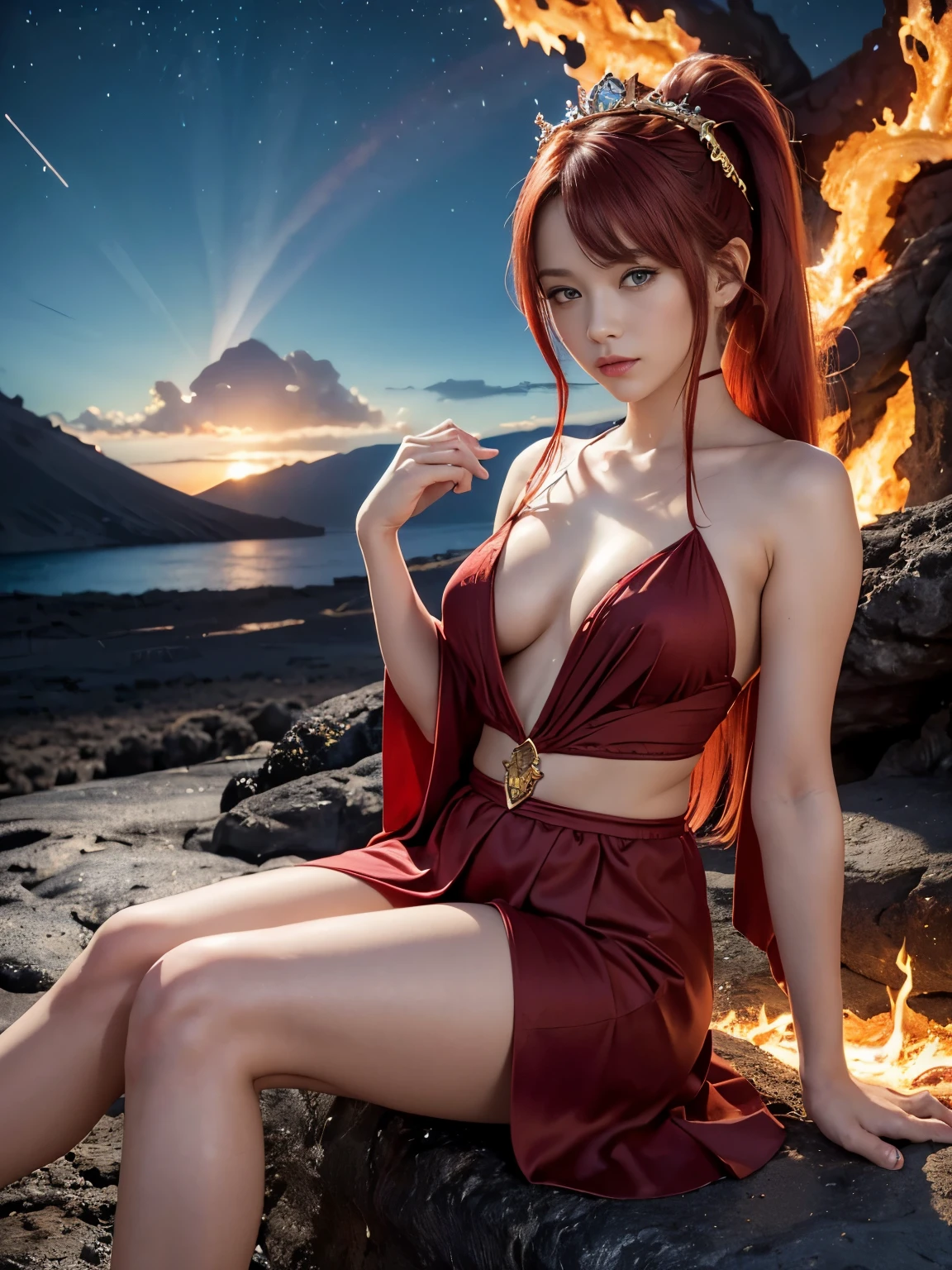 (masterpiece,8K,Super detailed,highest quality:1.5),((super cute)),best image quality,1 female,Two-dimensional beauty,(long hair,ponytail,scarlet colored hair,scarlet eyes:1.3),(active volcano crater,lava,Evening sky:1.3),(She wears a fantastic long garnet-colored robe all over her body.),jewelry,(gold and garnet crown:1.3),bare shoulders,beautiful and delicate hands,Sitting with your knees closed