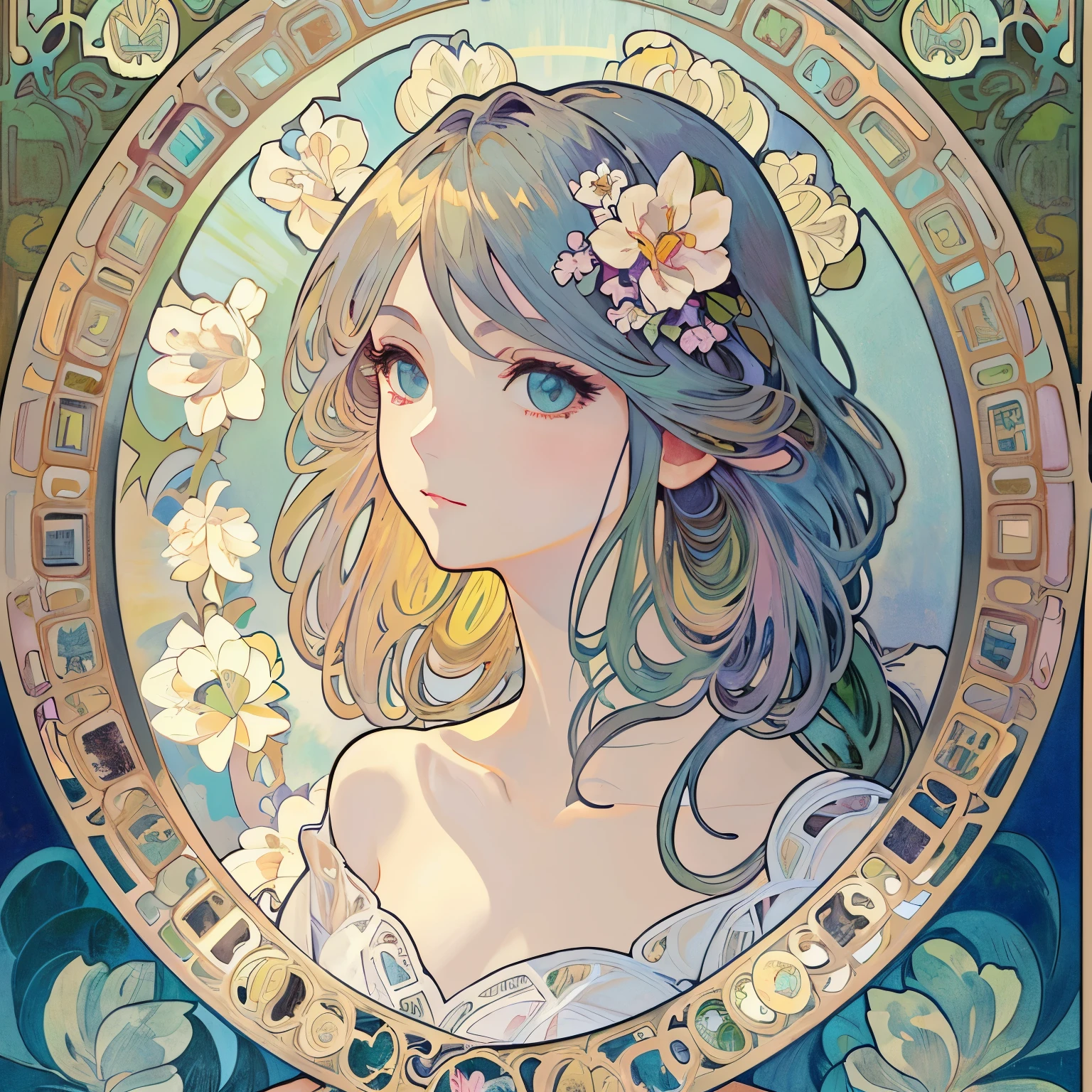 Beauty 1 person、(masterpiece、highest quality、highest quality、beautiful and aesthetic:1.2)、round picture frame、Rainbow-colored、Shining jewelry hair ornament、flowers in full bloom、detailed jewelry、dynamic、Based on the concept of an elegant woman、(((Alphonse Mucha)))、Shining eyes、colorful hair、Fluttering petals、Gradation、hyperdetailed intricately detailed, unreal engine, wonderful, intricate details, splash screen, complementary color, 8K resolution, 逸脱のmasterpiece、Branded hair、fluttering hair、snow、The story of camellia、red