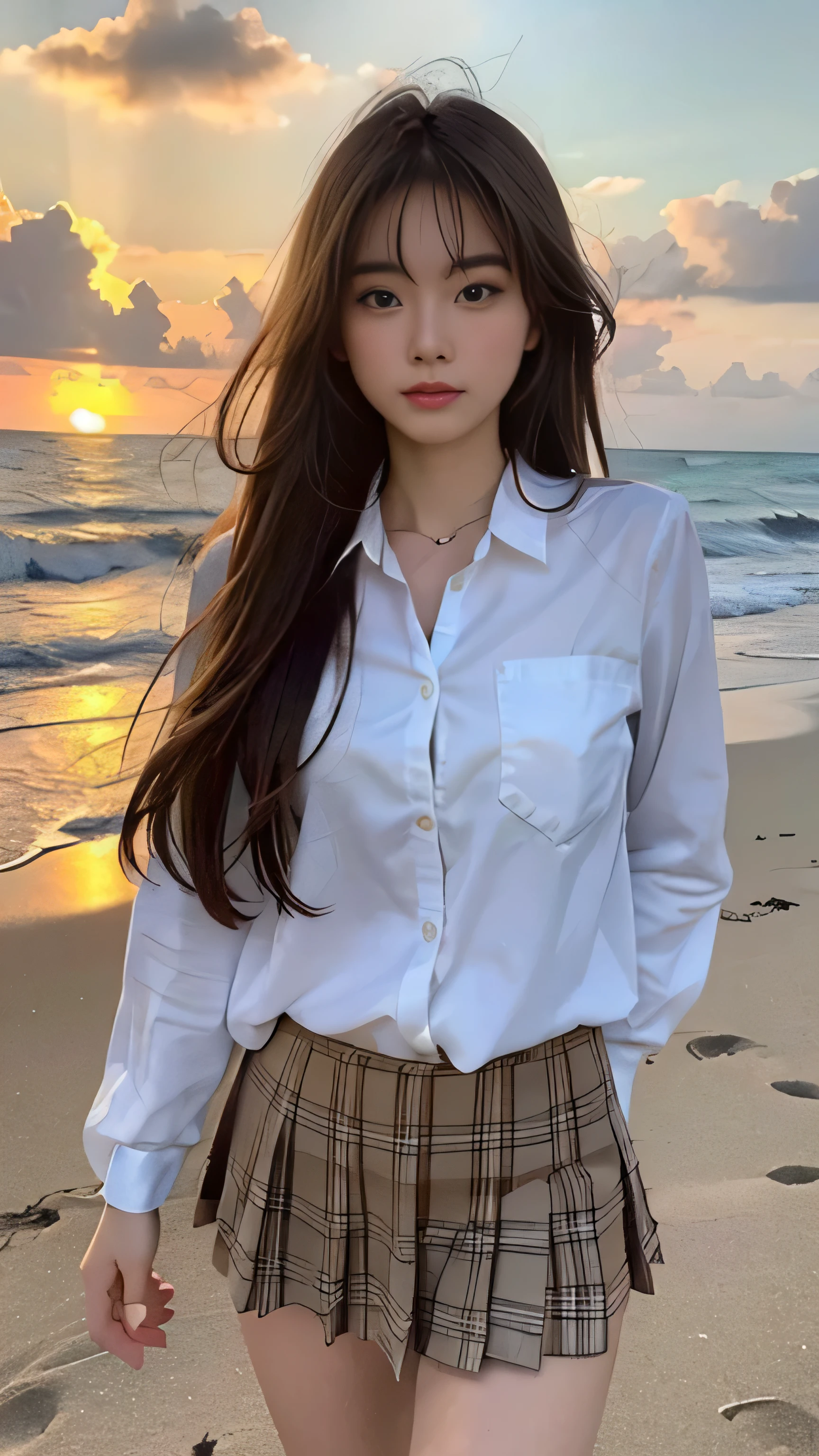 1 female、18-year-old、(super beautiful)、(beautiful face)、(detailed face)、(walk on the beach without carrying anything:1.1)、end of love、A little sad look、barefoot、(Her middle brown hair stands out against the light)、(thick thighs)、(compensate)、high school summer uniform、plaid mini skirt、(white shirt)、(the sun is setting in the sea:1.1)、(Photographed with a telephoto lens:1.1)、full body shot