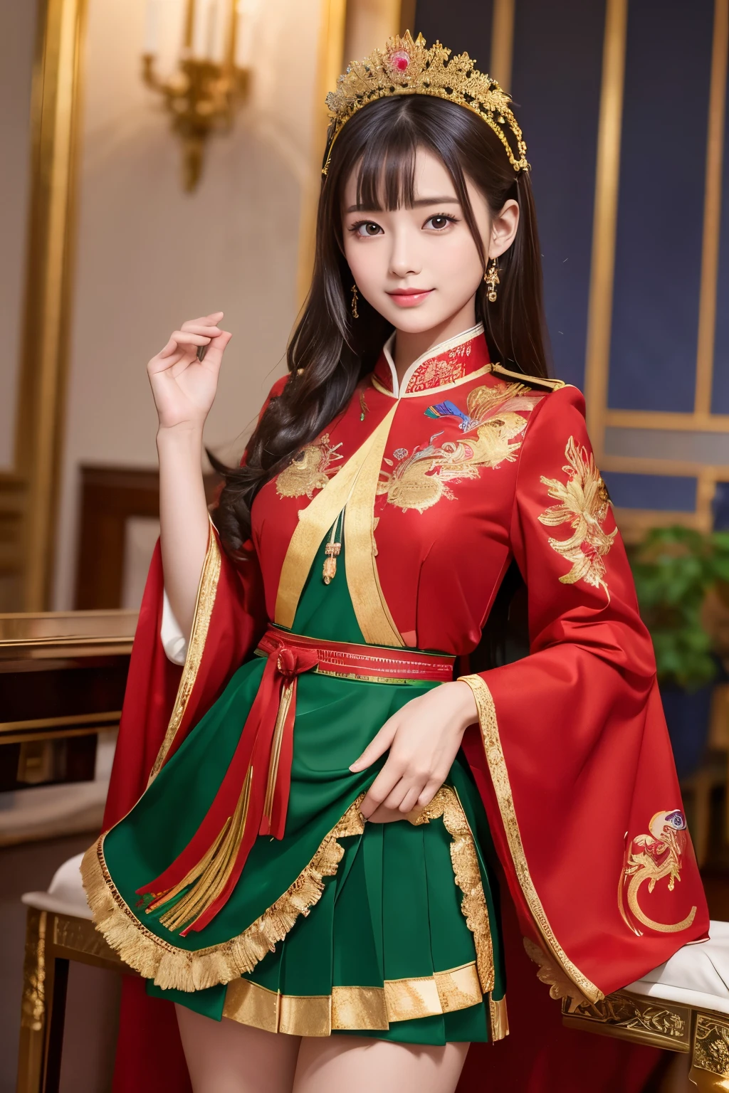 masterpiece,highest quality,ultra high resolution),japanese woman, Very beautiful girl, naive girl、perfect limbs、perfect anatomy、Shining beautiful skin、Moist eyes、Brown glittery hair、Colors and landscapes of youth、premonition of love,A woman wearing a green and red costume and a cloak, Imperial royal elegant clothing with gold embroidery, royal elegant pose, royal dress, mini skirt,high quality theatrical costumes, Embroidered uniform guard, high quality costumes, beautiful costume,zodiac girl,Phoenix Warrior, palace