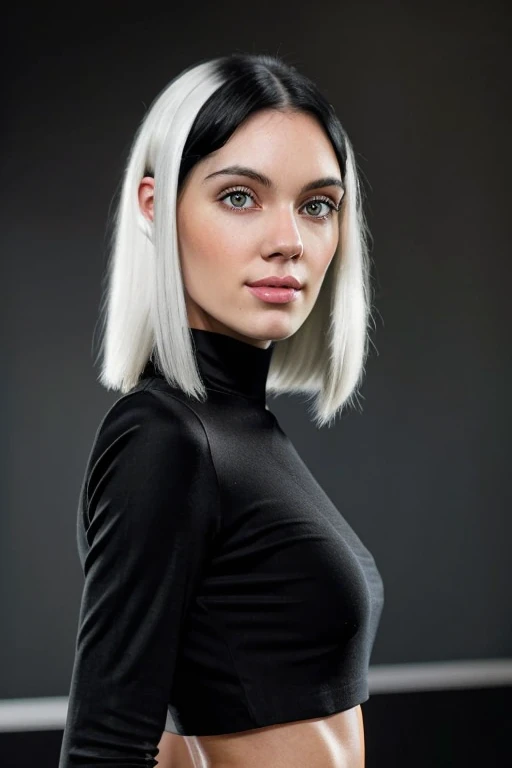 (half body postrait: 1.4) RAW 4k, beautiful girl 25 years old named Alyna, chin-length hair, white hair in front, black hair in back, fashionably dressed, portrait, Realism, ccurate,