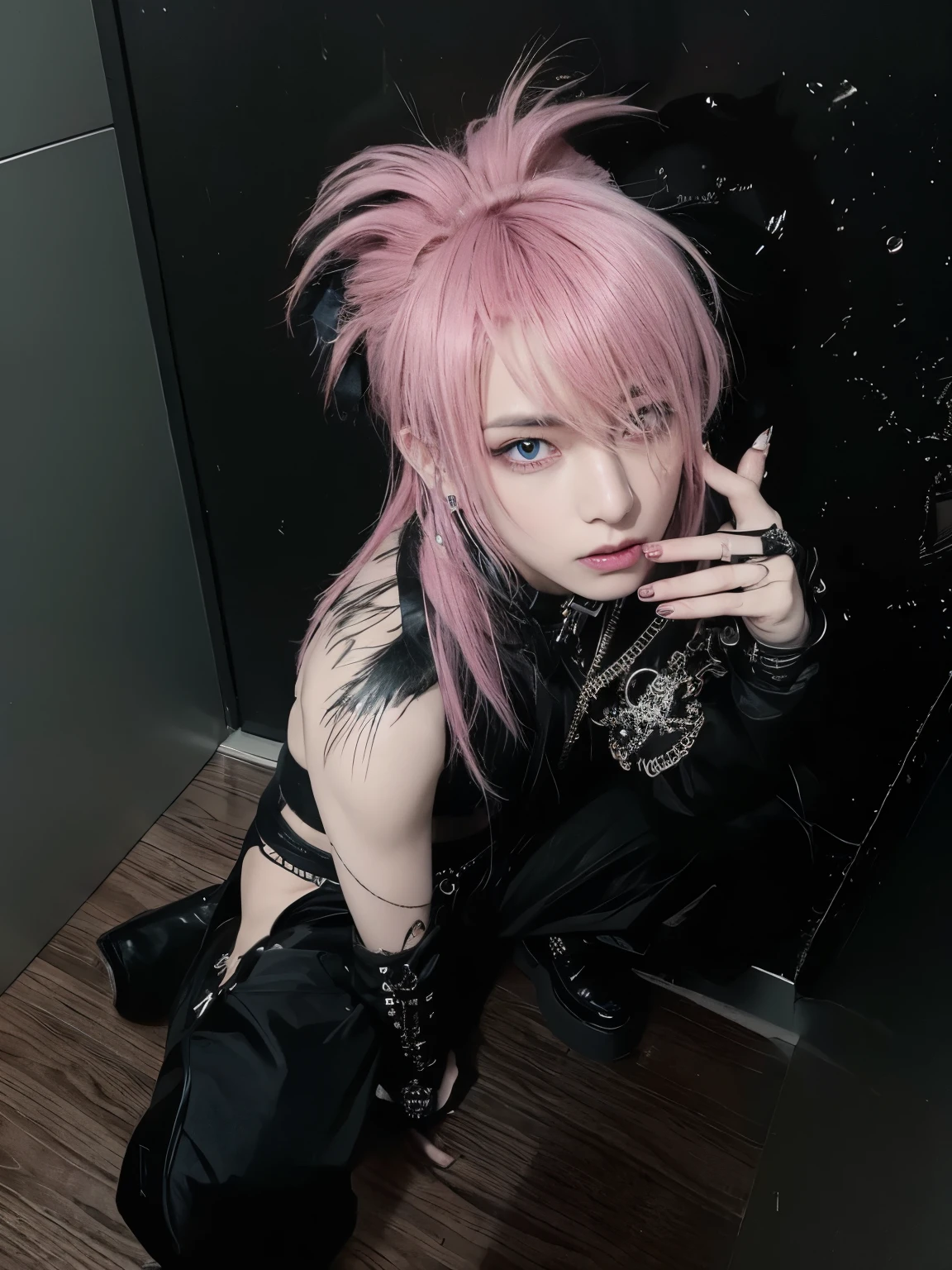 arafed boy con cabello rosado and piercings sitting on a floor, con cabello rosado, 1 anime gothic boy, Cabello largo y rosa puntiagudo, with index finger, Arte Barroco Visual Kei Decora, Cabello glam metal, punk doll, pelo harajuku, Ikuto Yamashita, Cabello rosado y ojos cian.