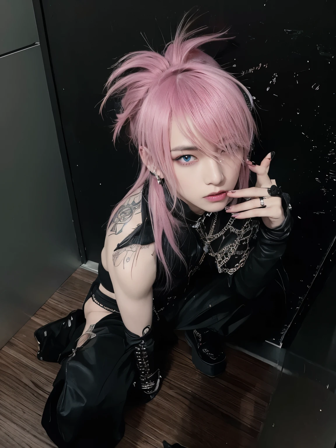 arafed boy con cabello rosado and piercings sitting on a floor, con cabello rosado, 1 anime gothic boy, Cabello largo y rosa puntiagudo, with index finger, Arte Barroco Visual Kei Decora, Cabello glam metal, punk doll, pelo harajuku, Ikuto Yamashita, Cabello rosado y ojos cian.