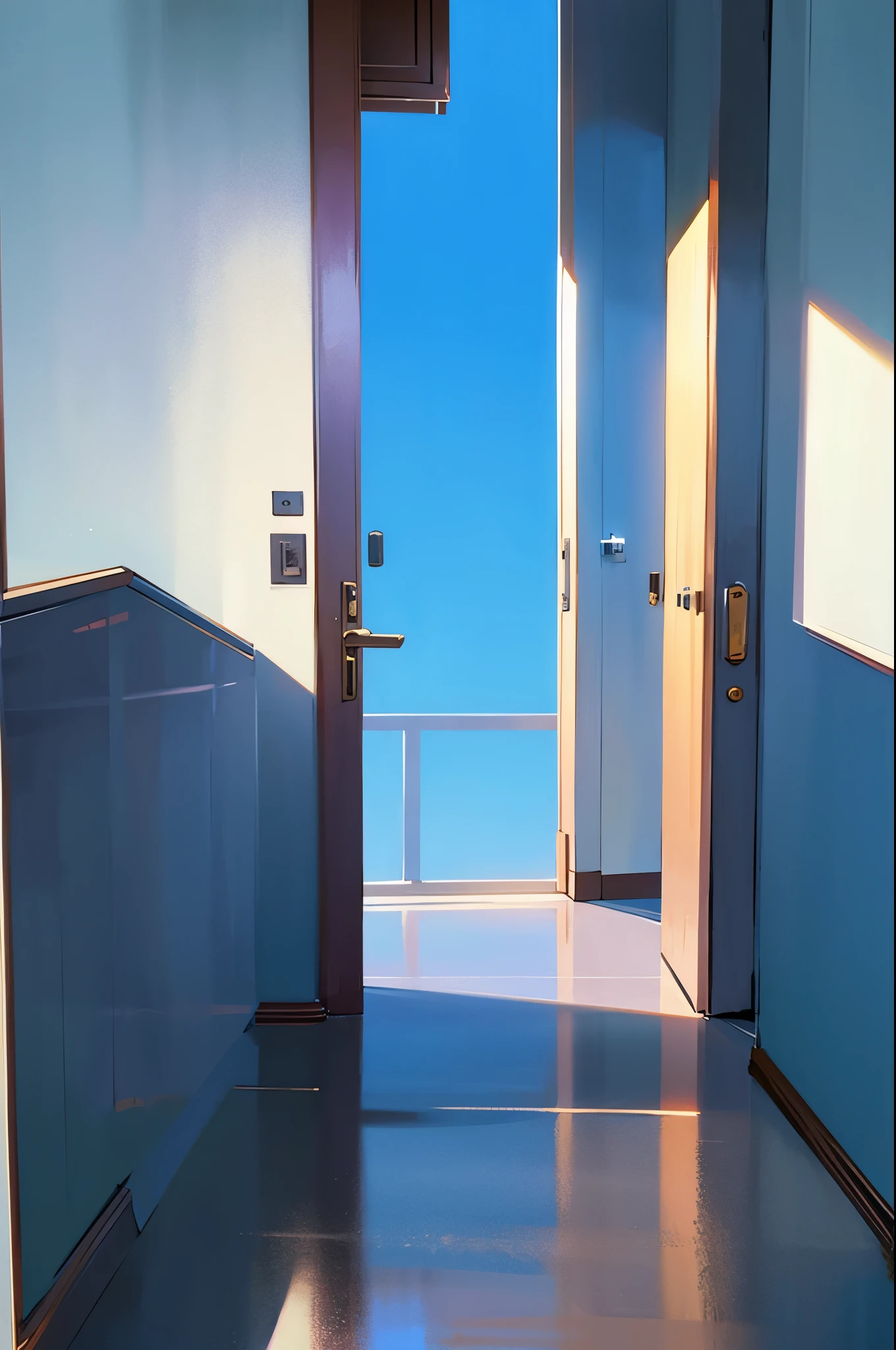transparent door, standing alone in an empty sky space, blue sky reflected on the ground, fantasy setting