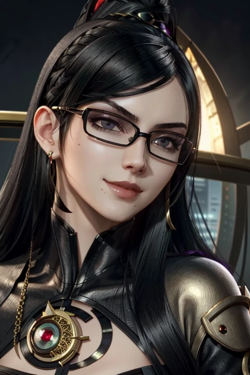 Bayo, bayonetta, 1 girl, alone, mole under mouth, Glasses, black hair, mole, jewelry, compensate, earrings, smile, eye shadow, portrait, long hair, lips, lipstick, gray eyes
