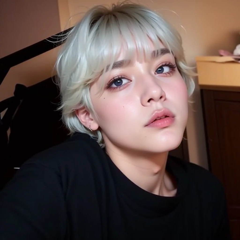 um close up de uma pessoa com uma camisa preta e uma camisa preta, Taehyung\the right eyelid is swollen, Taehyung full lips, accurate Taehyung face, Taehyung comendo batatas fritas Gucci, cai xukun, ele tem cabelos grisalhos escuros, Taehyung, Taehyung nariz grego, adorable and pale korean face, ele tem cerca de 2 0 anos