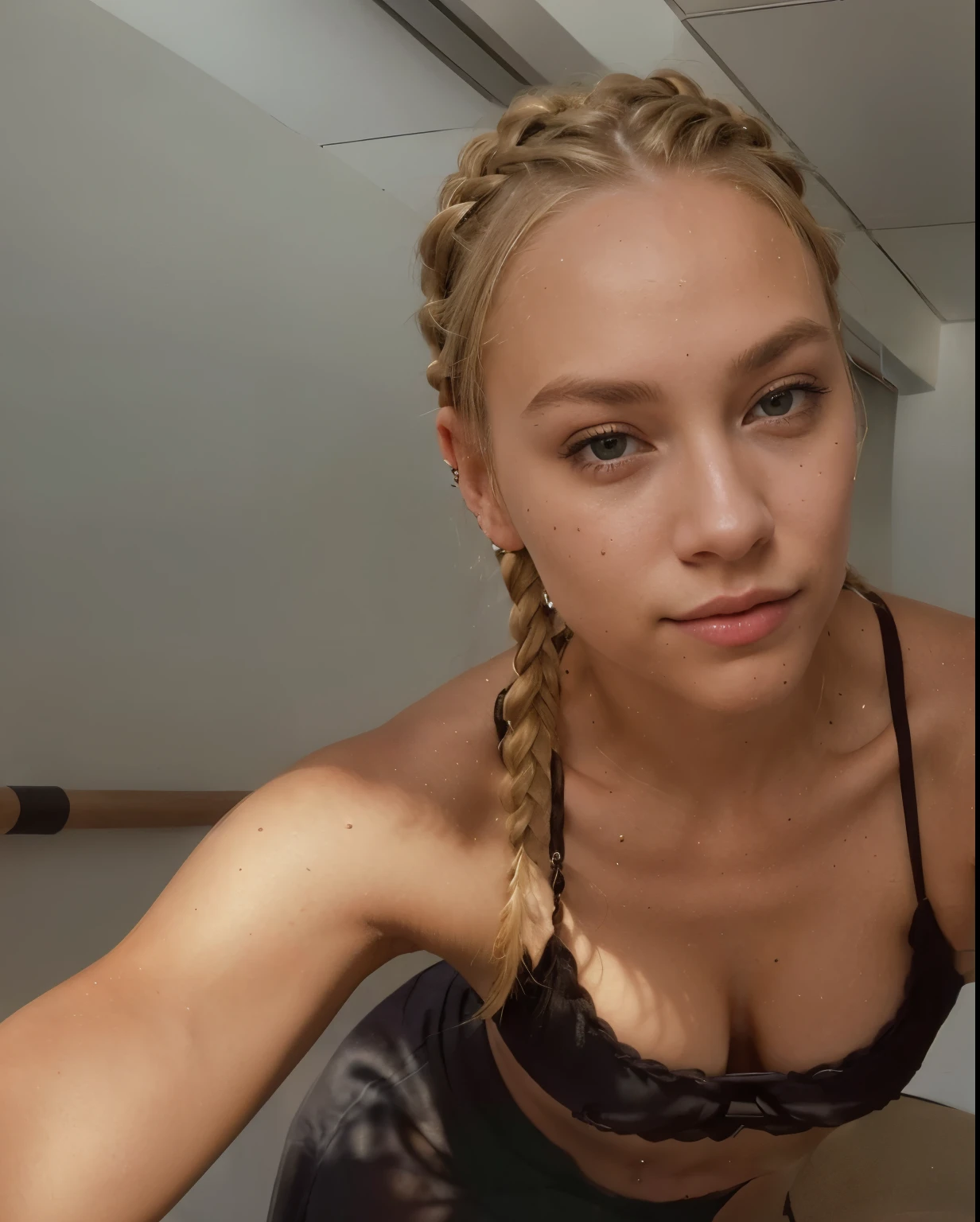 award winning glamour photograph,((best quality)), ((masterpiece)), ((realistic)), piercing eyes, very happy, ((blonde hair)), ((quad braids)), afternoon light, slim waist, Beautiful,
