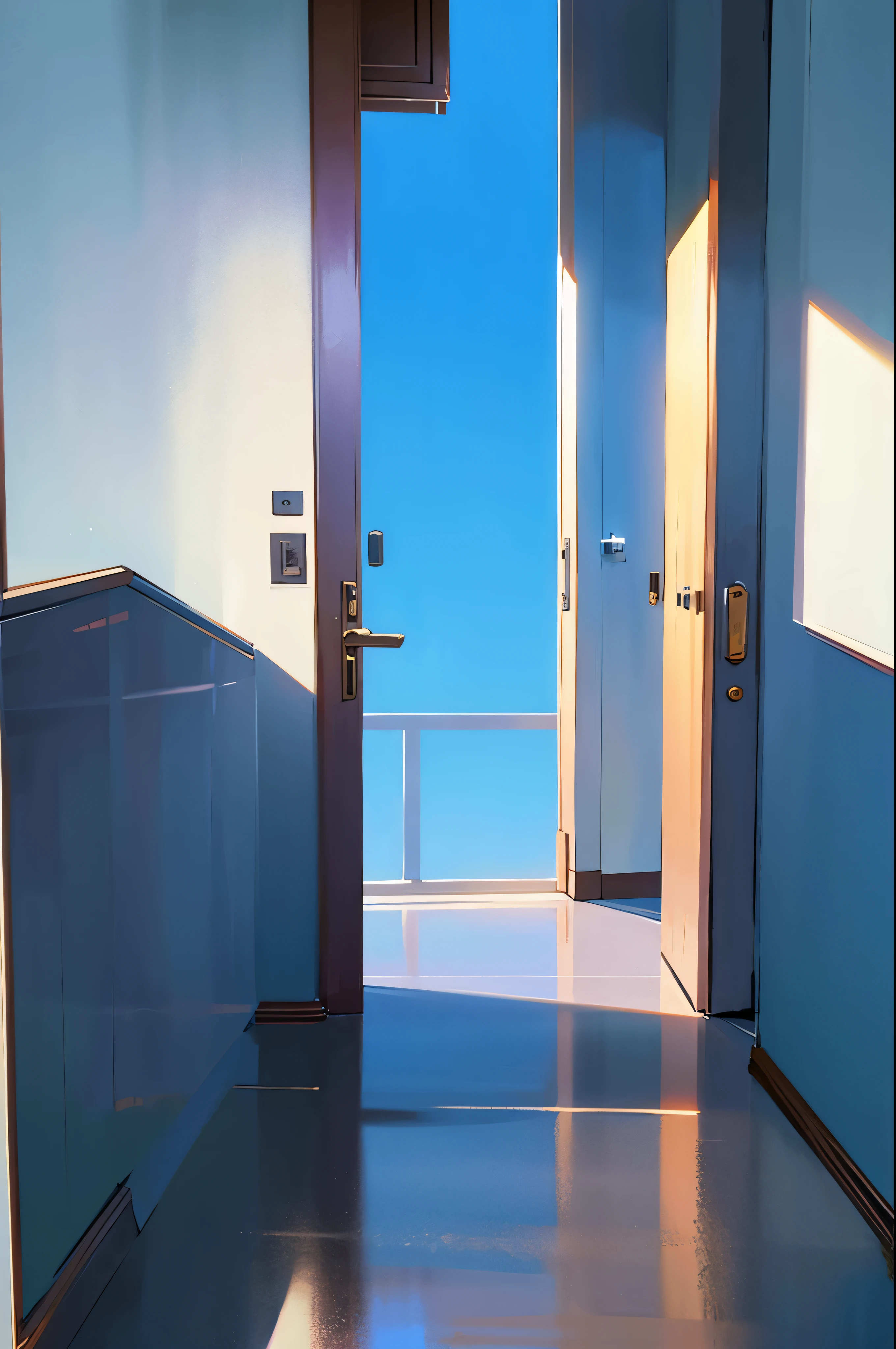 transparent door, standing alone in an empty sky space, blue sky reflected on the ground, fantasy setting
