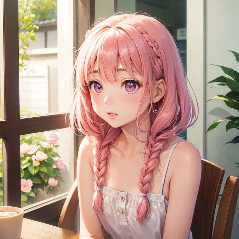Aiko Tanaka (Aiko Tanaka, a simple girl with braided hair), his favorite idol (soft attractive beautiful, Delicate clavicle, oval face, Double eyelids, intelligent peach blossom eyes, Pink lips, small nose), meet in a cafe, talk , dialogue.