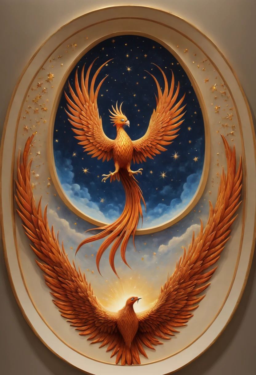 optical illusion art, Trompe l'oeil painting, 3D illusion, Reality, a flying phoenix and vast starry sky painted on lobby wall, enhance, intricate, (best quality, masterpiece, Representative work, official art, Professional, 8k)