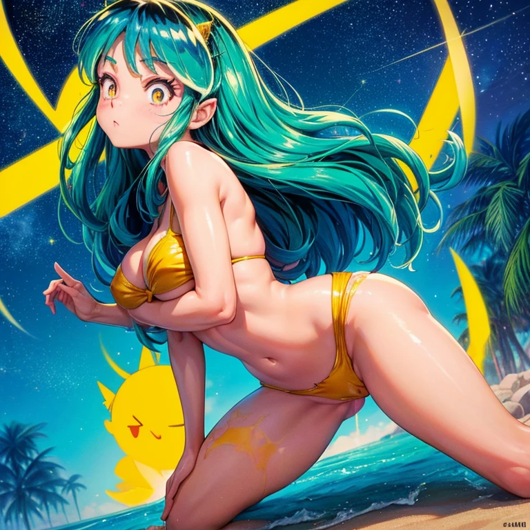 Lum Invader, Ultra calidad, slingshot bikini color amarillo, tetas grandes, body bathed in body oil, cara Ahegao, cielo nocturno lleno de estrellas, abierta de piernas marcando cameltoe