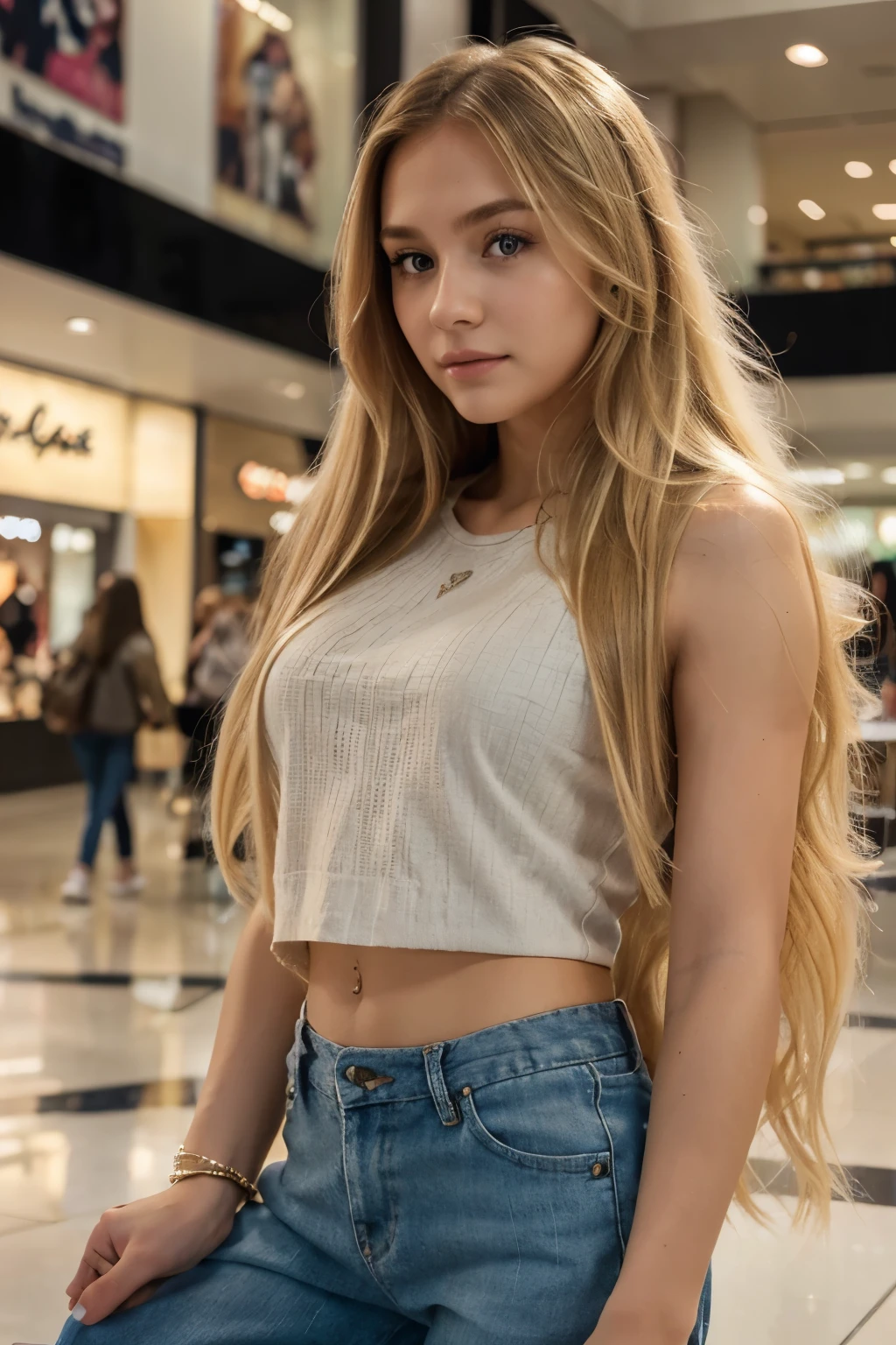 ​1 Japanese beautiful girl,28yo girl, Super beautiful detailed face, (smile:1.4), earrings, (blonde semi-long straight hair with parted bangs:1.6), (gyaru:1.3),(completely nude:1.5),(Slender body:1.5), (neutral-colored large areola:1.4), (hairy pussy:1.1),(camel toe), (no bra:1.3), (nipples poking through shirt), (nipples), BREAK, masterpiece, best quality, ultra quality, high quality, realistic, photo realistic, RAW photo, hyper detailed, intricate detaile,(cinematic lighting:1.2),raytracing,above knee shot,((from front)),(front view:1.5), (medium shot),  BREAK (wearing white Tank Top1.3), BREAK (denim mini skirt:1.3),Sunlight,sunshine,during daytime,(crowded street),(skirtlift),(detailed sexy thongs),