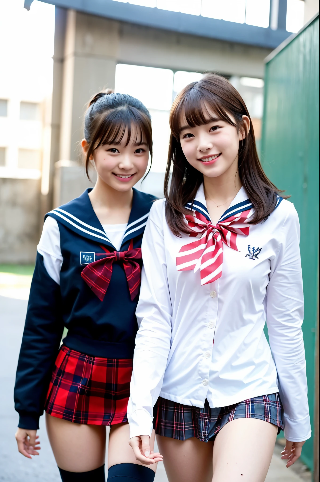 2 girls walking in school yard,long-sleeved sailor one-piece swimsuit with plaid red bow tie,18-year-old,bangs,a little smile,thighs,knees,short cut hair,low ponytail,from below,front-lighting