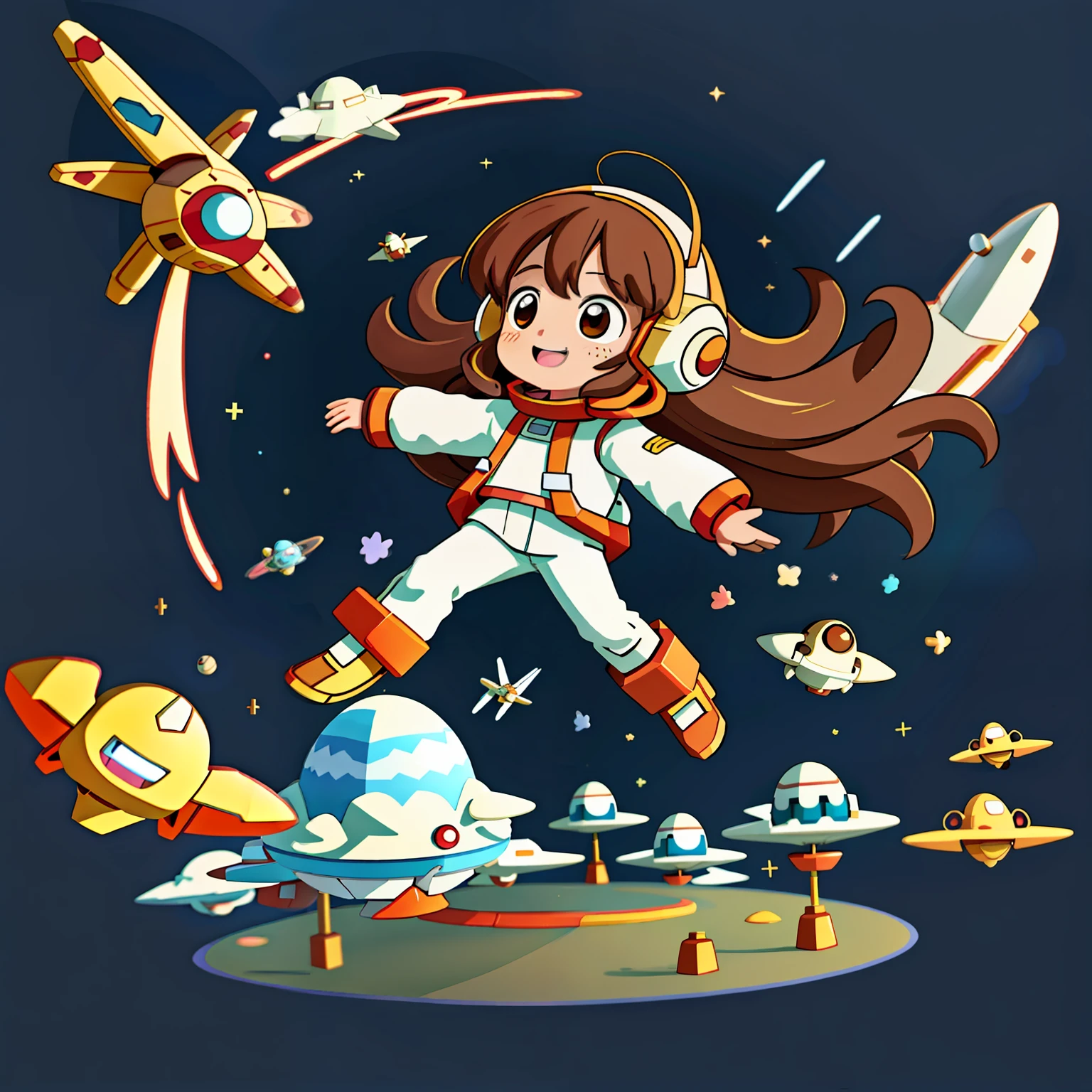 Girl with long brown hair,Put on the Gundam Robot Suit,flying in space and time(Time travel in flight)(belfry),(There is love)happy,Surrounded by love,Surrounded by love,O sign,vector,line art,design,inspiration,straight line,RHAD