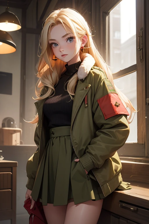 20th generation women,-facean,long blonde hair,one tied hairstyle,hair stretched out on the back,red earrings in ears,military short jacket,olive green jacket,chiffon long skirt,shearling boots