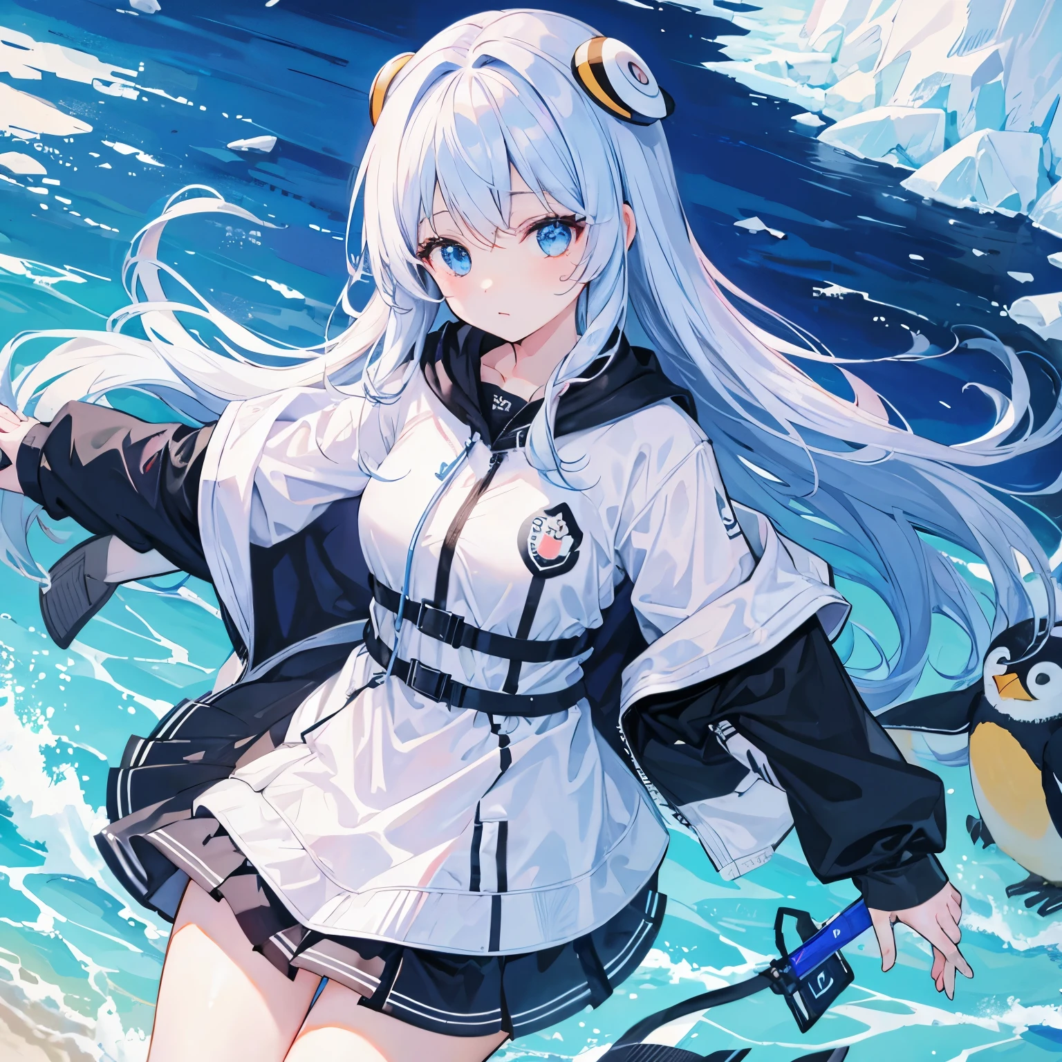 (Masterpiece, Best quality, ultra high resolution),1girl,beautiful and detailed face, detailed eyes,(squid girl,tentacles),jacket,open jacket,swimsuit under clothes,in the beach, night,((grey and blue theme)),