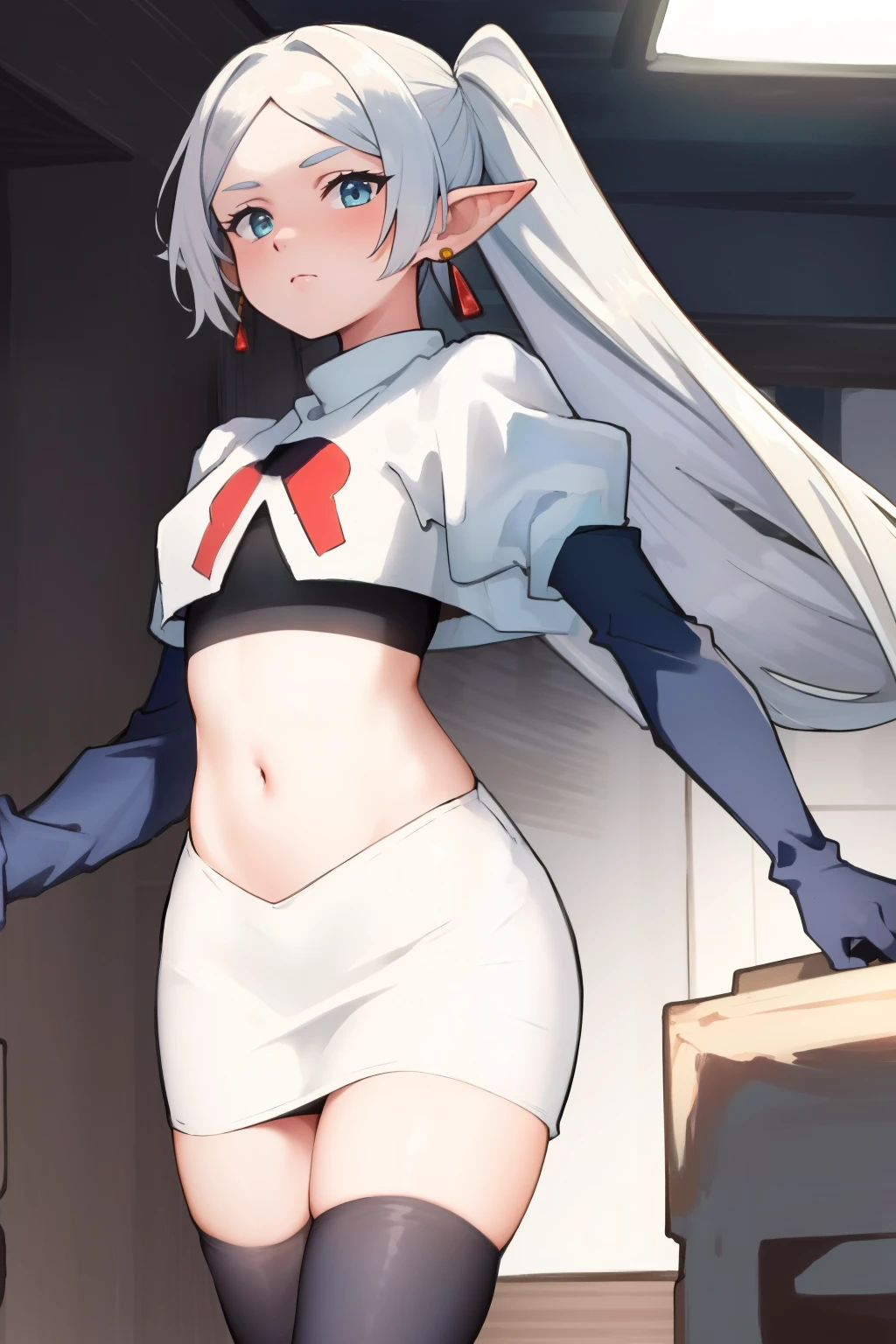(masterpiece, best quality), intricate details,
1girl, frieren, long hair, pointy ears, jewelry, earrings, twintails, parted bangs, team rocket,team rocket uniform,white skirt,crop top,black thigh-highs,black elbow gloves,