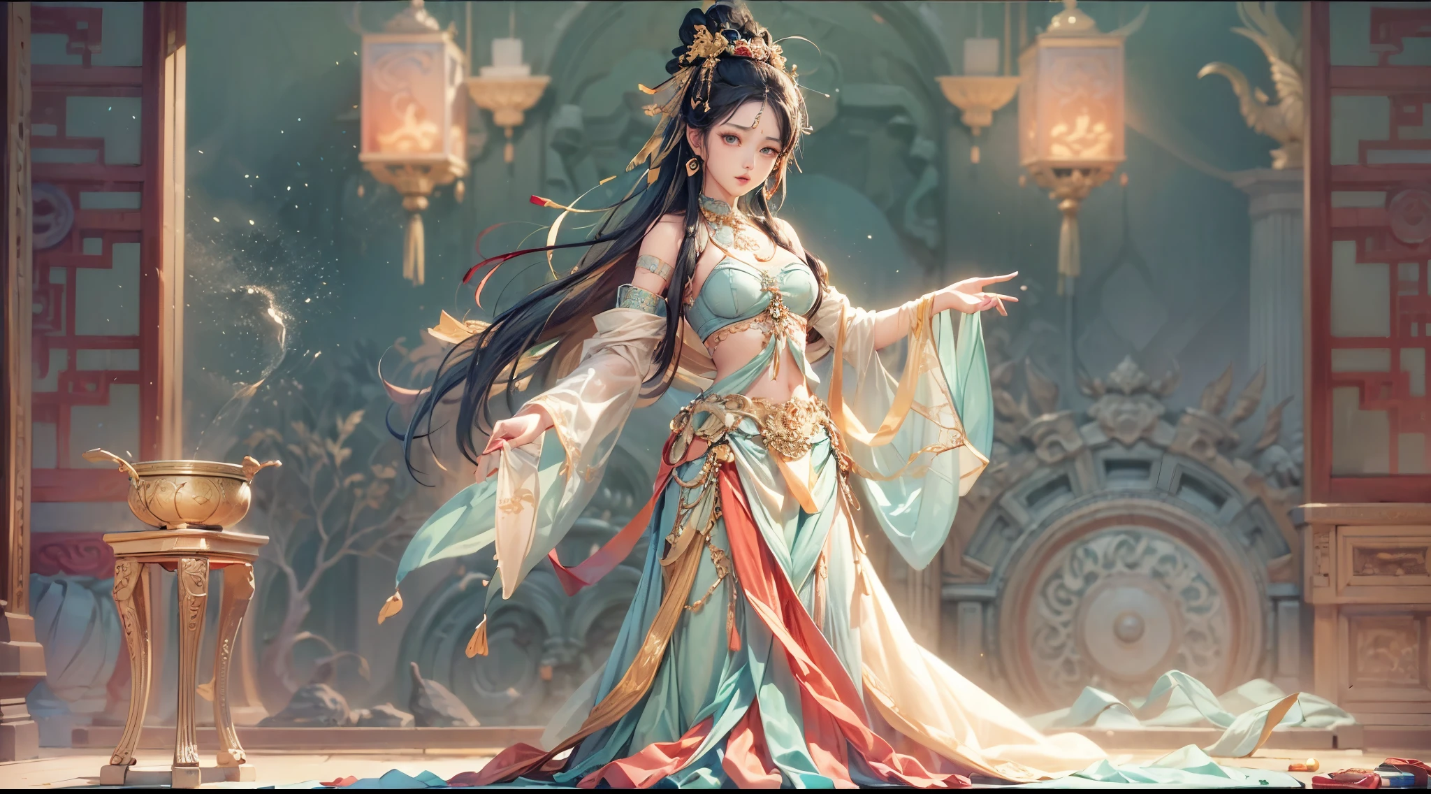 (best quality, masterpiece, Extremely detailed CG, Game CG:1.5), 1 girl, whole body, An extremely delicate and beautiful girl, Extremely detailed eyes and face, Beautiful and detailed light,(Dunhuang_clothing, overexposure,Feitian),Dunhuang_style,Dunhuang_skirt,Dunhuang_folding fan,Medium chest,Xiangyun, illustration, Cinema lighting, best shadow,(Dunhuang_background:1.3)