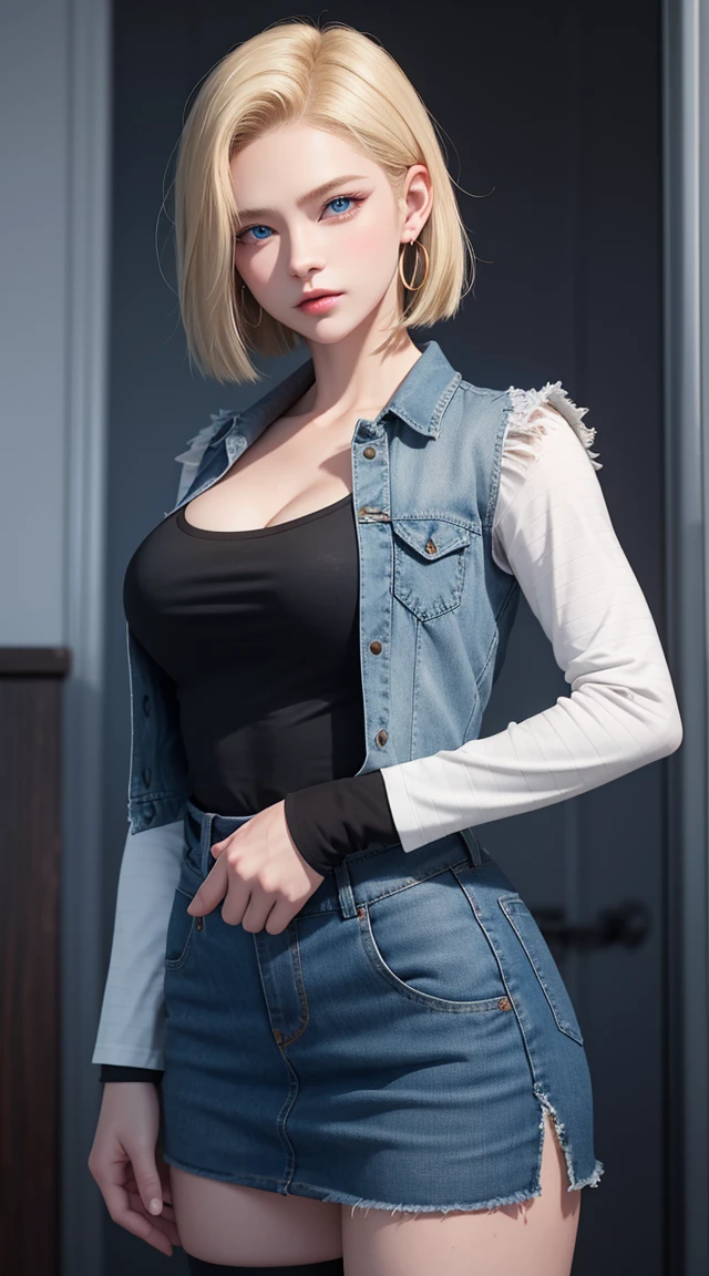 android 18, blonde hair, blue eyes, eyelash, hoop earrings, short hair, earring
bring, black socks, Black shirt, 胸pocket, cleavage, clavicle, denim, denim skirt, ハイウエストskirt, jewelry, long sleeve, pocket, shirt, shirt tucked in, skirt, striped, striped sleeves, waistcoat,correct move,