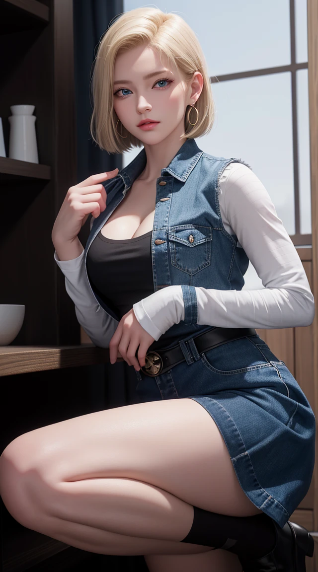 android 18, blonde hair, blue eyes, eyelash, hoop earrings, short hair, earring
bring, black socks, Black shirt, 胸pocket, cleavage, clavicle, denim, denim skirt, ハイウエストskirt, jewelry, long sleeve, pocket, shirt, shirt tucked in, skirt, striped, striped sleeves, waistcoat,correct move,