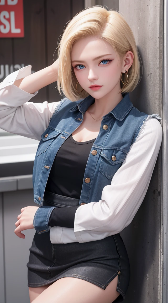 android 18, blonde hair, blue eyes, eyelash, hoop earrings, short hair, earring
bring, black socks, Black shirt, 胸pocket, cleavage, clavicle, denim, denim skirt, ハイウエストskirt, jewelry, long sleeve, pocket, shirt, shirt tucked in, skirt, striped, striped sleeves, waistcoat,correct move,