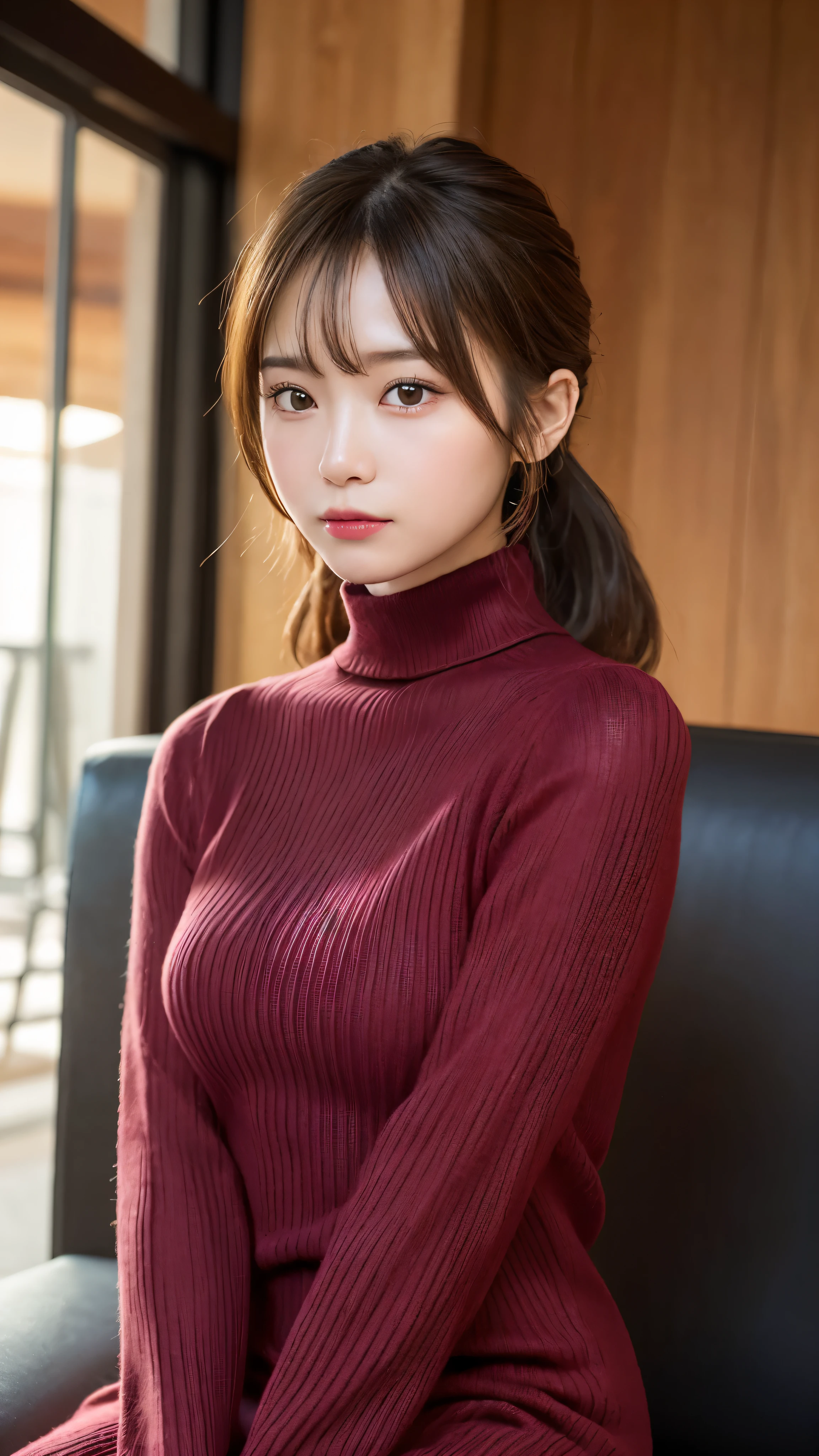 (masterpiece:1.5)、(realistic:1.5)、(highest quality:1.4、8K、RAW photo)、
ultra high resolution、professional lighting、perfect dynamic composition、Shot indoors、
film grain、chromatic aberration、(Bokeh:1.1)、
Frank、Sophisticated、charm、超realistic、high detail、golden ratio、
(1 girl)、slender girl、繊細でcharm女の子、cute woman:1.4、
serious expression、looking at the viewer、sculpture installation、Sit on the couch and relax、
light brown hair、shining hair、Hair style is ponytail、
skin that looks real、
close your mouth、fine eyes、double eyelid、thin arms、、
(She is wearing a burgundy turtleneck ribbed sweater dress.:1.3)、show some thighs