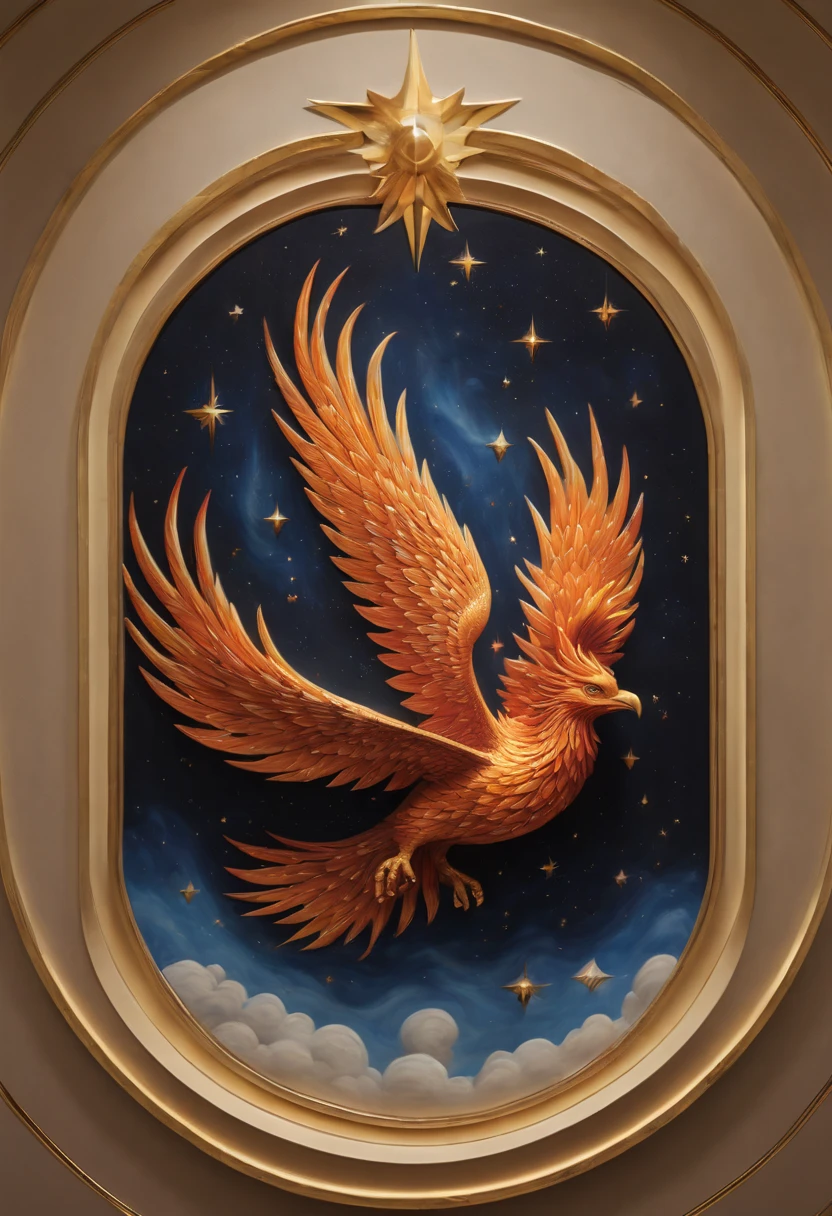 optical illusion art, Trompe l'oeil painting, 3D illusion, Reality, a moving phoenix and vast starry sky painted on the lobby wall, 3D painting, 3D artwork, Surrealism, The details are impeccable, intricate, (best quality, masterpiece, Representative work, official art, Professional, 8k)