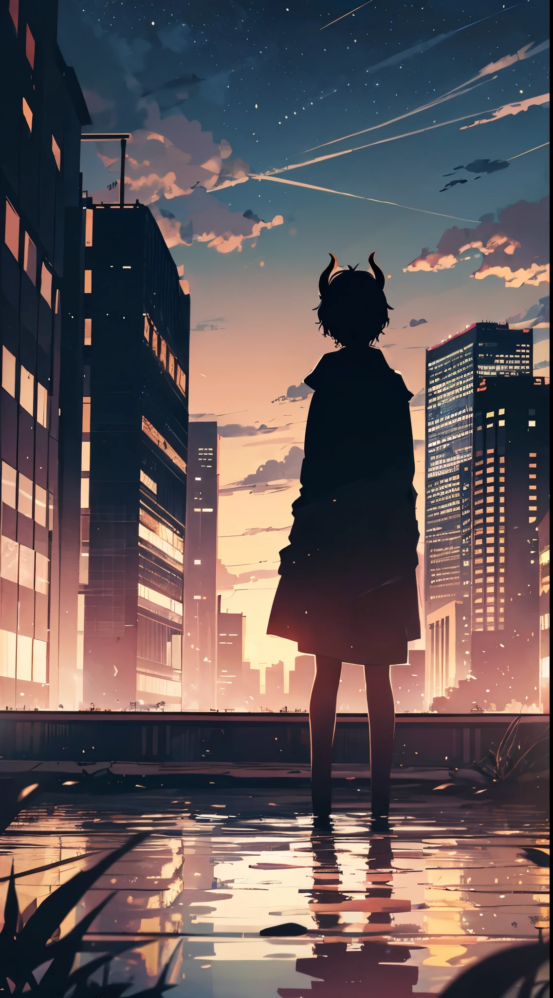 1boy,20,mature male,(dark skin),Short hair,black hair,elf ears,(horns),silhouette,cloud, cityscape, city, outdoors, skyscraper, city lights, (night, night sky),(from back),standing,propped up against a wall