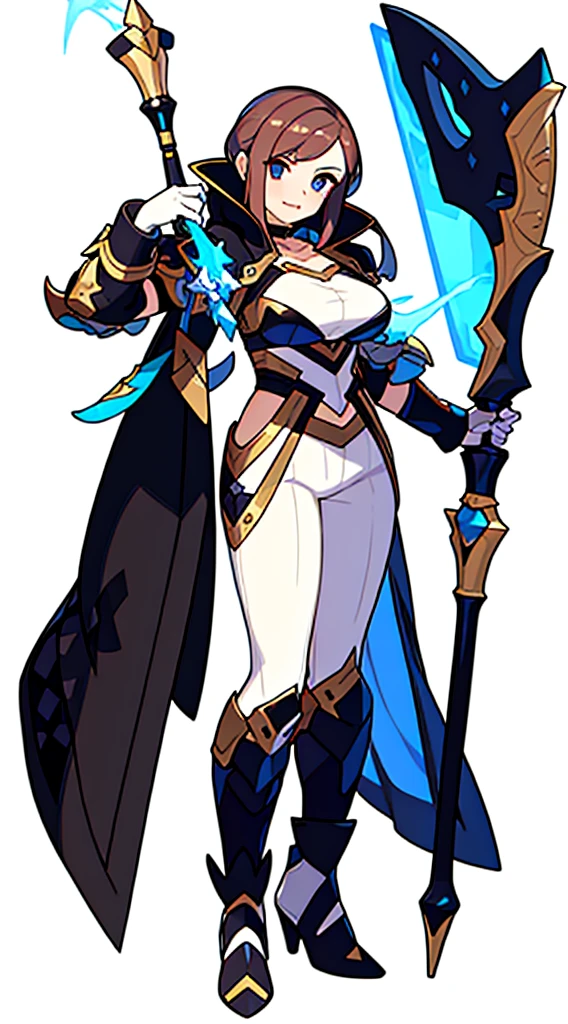 reference sheet, solo woman, (((white background))), character focus, fantasy clothes, standing, full body, shorts, holding weapon,