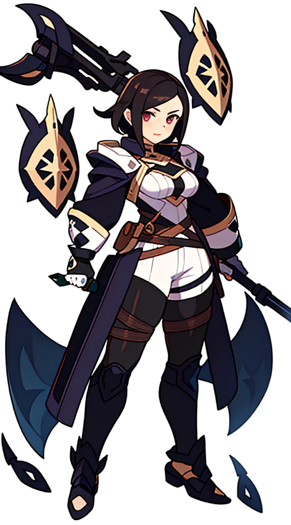 reference sheet, solo woman, (((white background))), character focus, fantasy clothes, standing, full body, shorts, holding weapon,