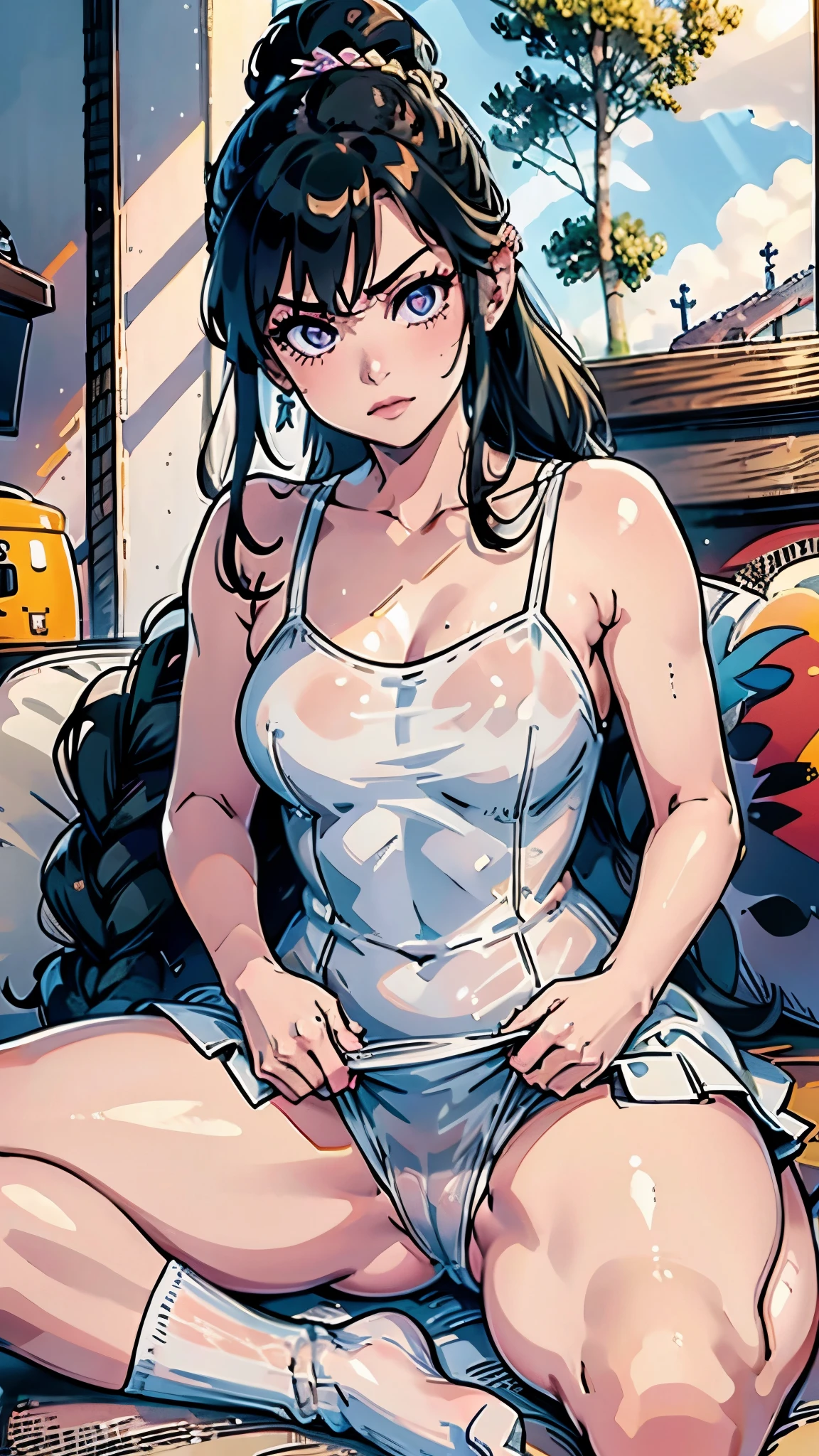 1 girl,Married women,solo,black hair,long hair,braided bun,dress,white socks,white socks,naked leg,bare shoulders,Lying down position,mythical beast,thigh,looki at viewer,expression,precure,Nikon,masterpiece,masterpiece,8k,,bright sunshine,oily skin