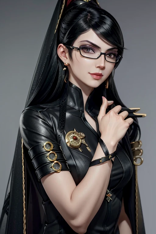 Bayo, bayonetta, 1 girl, alone, mole under mouth, Glasses, black hair, mole, jewelry, compensate, earrings, smile, eye shadow, portrait, long hair, lips, lipstick, gray eyes,whole body
