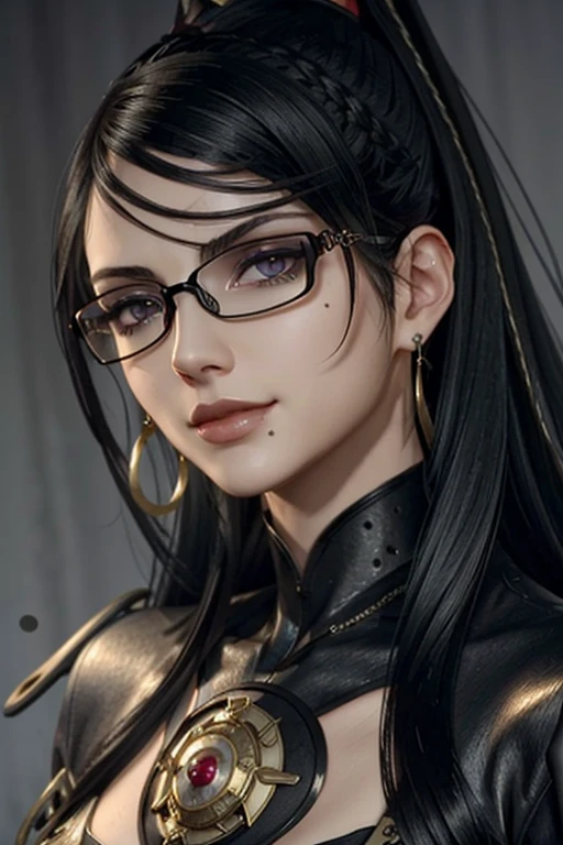 Bayo, bayonetta, 1 girl, alone, mole under mouth, Glasses, black hair, mole, jewelry, compensate, earrings, smile, eye shadow, portrait, long hair, lips, lipstick, gray eyes,whole body
