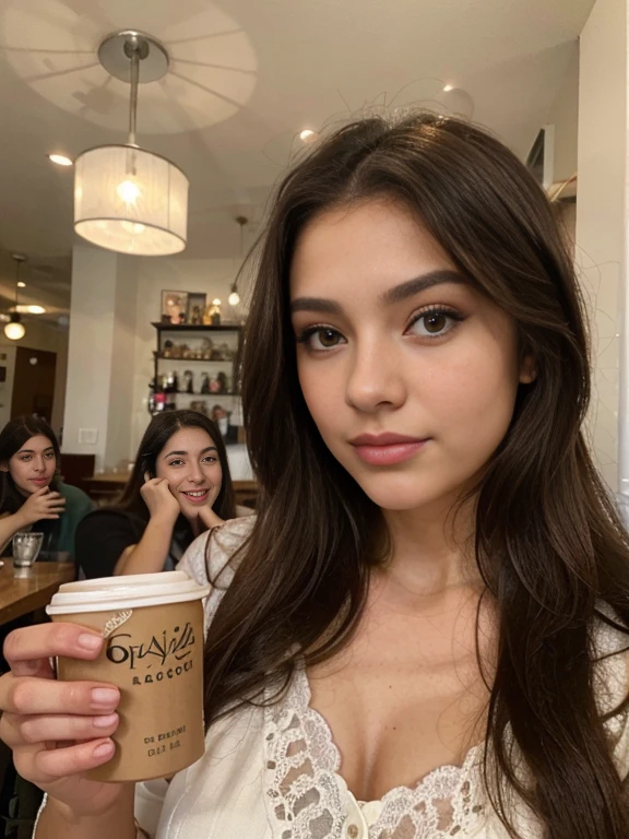 Photo of a 20 year old brunette woman., que tiene una cara muy natural, labios delgados, ojos delgados, cejas finas, nariz fina, pendientes, long eyelashes. She takes a cute selfie in a cafe.