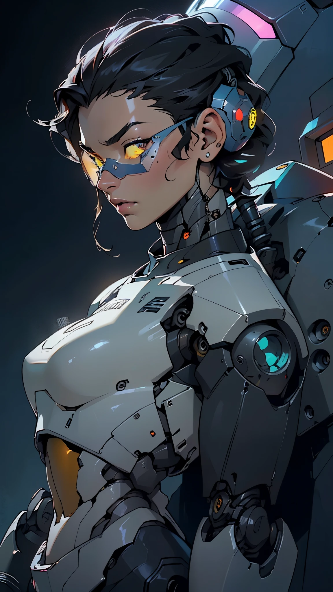 ((Robot:1.5)),Cyberpunk,1robot Mechanical,wonder,robotic presence,cybernetic robot guardian,samurai mechanical armor,((all black body robot)),futuristic,((samurai robot)),((no human:1.5)),

((black plastic metal android robot)),three meters tall,((marked metallic musculature)),((His head is smooth and adorned with RGB lights)),body is glossy black,((RGB details)),((futuristic design,cyberpunk design)),(((muscular))),hypermuscle, hyper muscles,carbon robot,((mecha robot,robot joints, joints)),armor, head-mounted display,(((robot with minimalist design))),((robotic head:1.5)),

black metal skin,Mechanical body parts,Mechanical gears and gears, (devoid of mouth), [Meticulous, Surgical precision],bioluminic,helix portal, galactic cybernetic mask,

((exaggerated muscles,exaggerated shoulders,very muscular and huge)),man chest,((((muscular robot,tall,big biceps,metalic abs:1.5,big thighs,broad shoulders)))),

metal backpack on his back,

(dynamic pose:1.0),solo focus,(centered,scale to fit dimensions,Rule of thirds,cowboy shot),

cyberpunk city by the ocean at night, with bright neon signs and dark stormy clouds and puddles, scenery:1.25,nighttime, starry night, cosmos,Very dark night that makes the neon lights stand out, very bright neon lights,nighttime, starry night, cosmos,

artistic photography,(photography taken by sldr),highres, sharp focus,(ultra detailed, extremely detailed), (photorealistic artwork:1.37),(extremely detailed CG unity 8k wallpaper),((synthwave background theme)),(((vibrant colors))),intricate,(intricate background),(masterpiece),(best quality),photo realistic,analog style,((intricate detail)),(((realism))),
