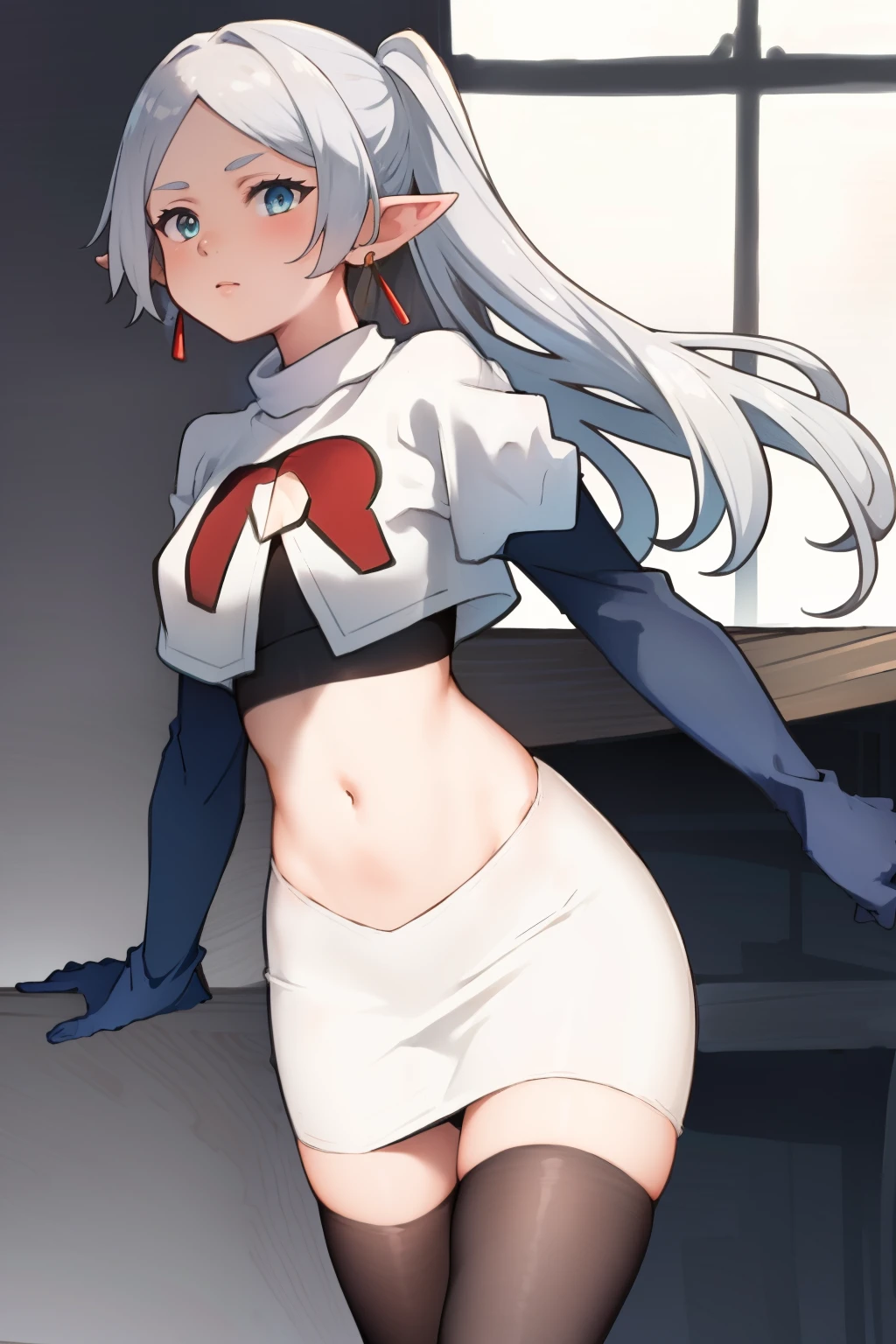 (masterpiece, best quality), intricate details,
1girl, frieren, long hair, pointy ears, jewelry, earrings, twintails, parted bangs, team rocket,team rocket uniform,white skirt,crop top,black thigh-highs,black elbow gloves,