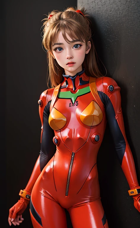 (masterpiece: 1.4, highest quality), (intricate details), unity 8k wallpaper, Super detailed, Beautiful and mysterious, detailed background, realistic, alone, Perfect detail face, detailed blue eyes, very detailed, blush, hair ornaments, chignon mahogany hair, (blonde hair), Plug suit 02,Shikinami Asuka Langley, Evangelion, slender 15 year old girl, full body suit, black background