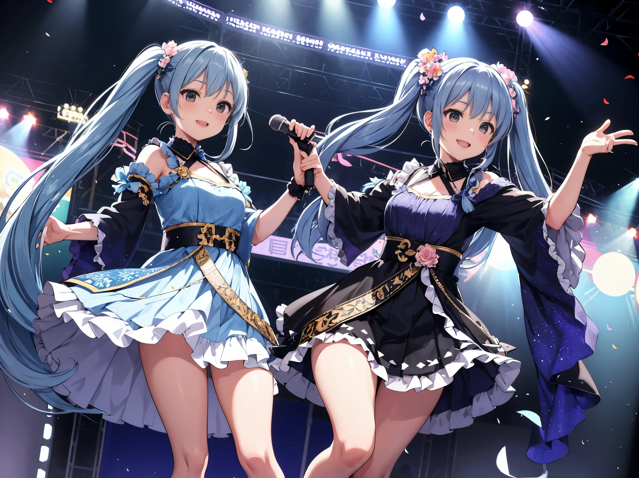 Packed crowd Singing on a stage decorated with flowers light blue long hair twin tails adorable smile black eyes gorgeous stage costumes