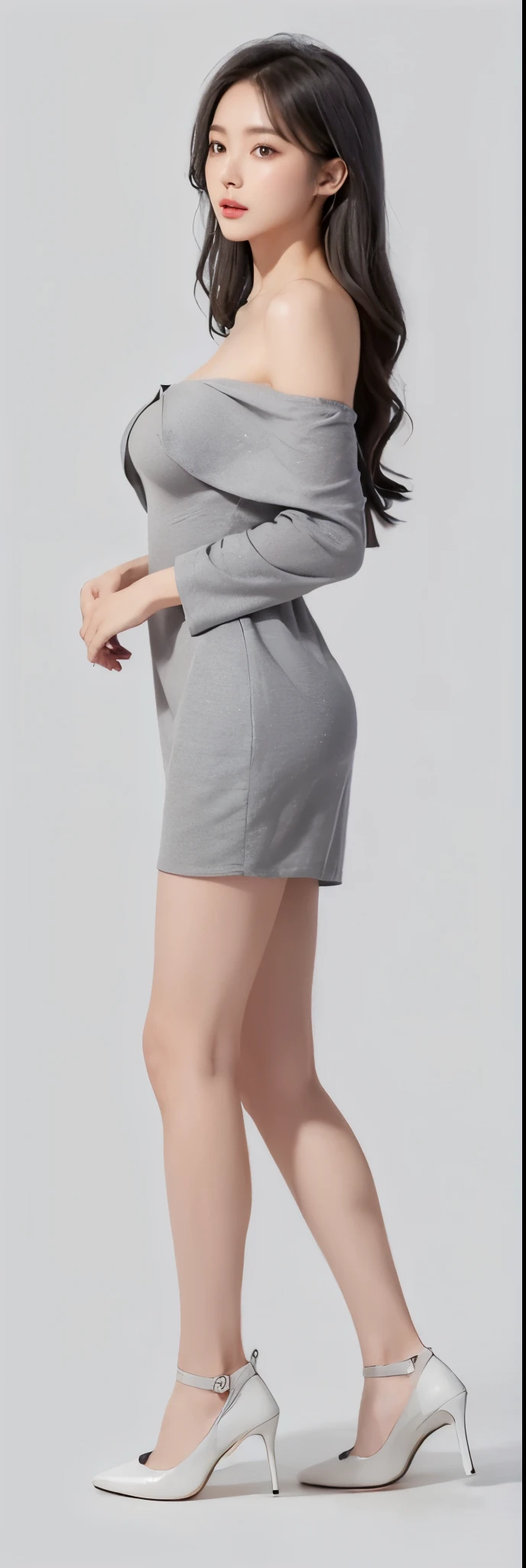 (((gray Off-the-shoulder mini dress))),（lifelike， high - resolution：1.3），(((full body))), Slender abs :1.1, korean 1 girl with a perfect body, Super fine face and eyes,((Side view)) ,cleavage breasts ：1.4, white pumps, tight clothes