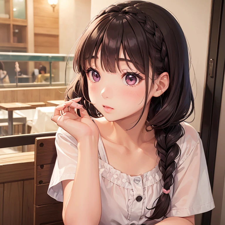 Aiko Tanaka (Aiko Tanaka, a simple girl with braided hair), his favorite idol (soft attractive beautiful, Delicate clavicle, oval face, Double eyelids, intelligent peach blossom eyes, Pink lips, small nose), meet in a cafe, talk , dialogue.