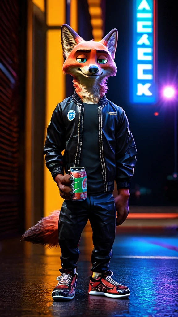 nick wilde alone posing for the camera near a luxury car worn a Nike outfit Nike jacket Nike pants and Nike sneakers a realistic Hollywood background puts the very realistic background looking like real life drunk expression holding a can ultra realistic digital beer art in 3D full HD super high quality HDR 8K