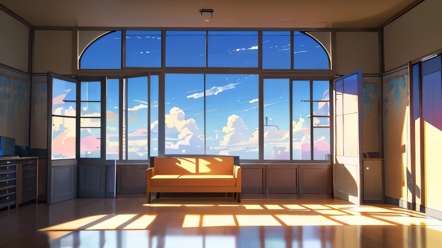 anime scenery of a sunny room with a couch and a window, anime background art, scenery wallpaper aesthetic, anime background, anime scenery, anime aesthetic, anime art wallpaper 4k, anime art wallpaper 4 k, clouds outside the windows, anime art wallpaper 8 k, beautiful anime scenery, open window ib background, detailed scenery —width 672, personal room background