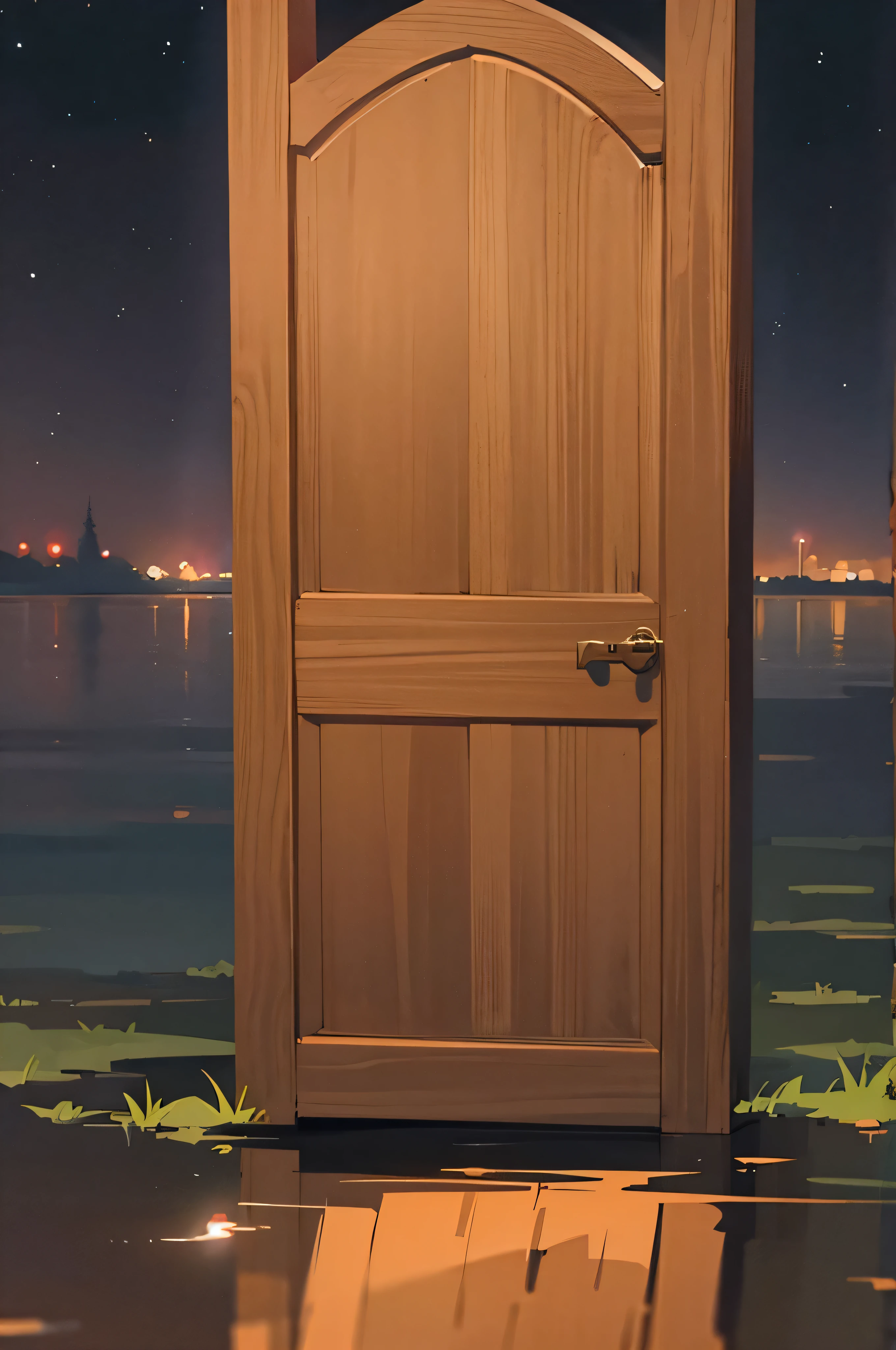 an oak door standing alone in the middle of the dark night sky, reflection of the night sky on the ground as if the ground is a calm water surface with no disturbances.