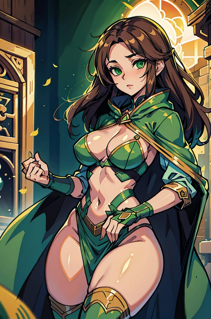 A Beautiful Woman with long brown hair, green eyes and fair skin wearing a green riding cloak.