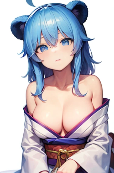 (((highest quality, High resolution, Like a cartoon in Japan))) ,(((bear ears,bear,beastman))),blue eyes, 1 girl, alone, looking at the viewer, blue hair, medium breasts, No bra,closed mouth, clavicle, white kimono, Broken kimono,cleavage,Two-dimensional beautiful girl,Japan anime beautiful girl