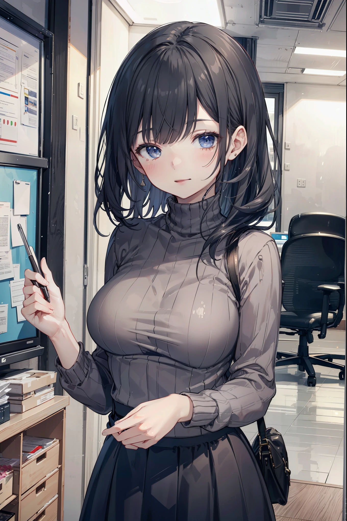 ((masterpiece)), ((best quality)), ((highest quality)), ((ultra-detailed)), ((8k cg wallpaper)), ((extremely delicate and beautiful)), ((illustration)), (high resolution), 1lady, black hair, straight hair, smile, turtleneck sweater, skirt, large breasts, office, looking at viewer, more_details:-1, more_details:0, more_details:0.5, more_details:1, more_details:1.5