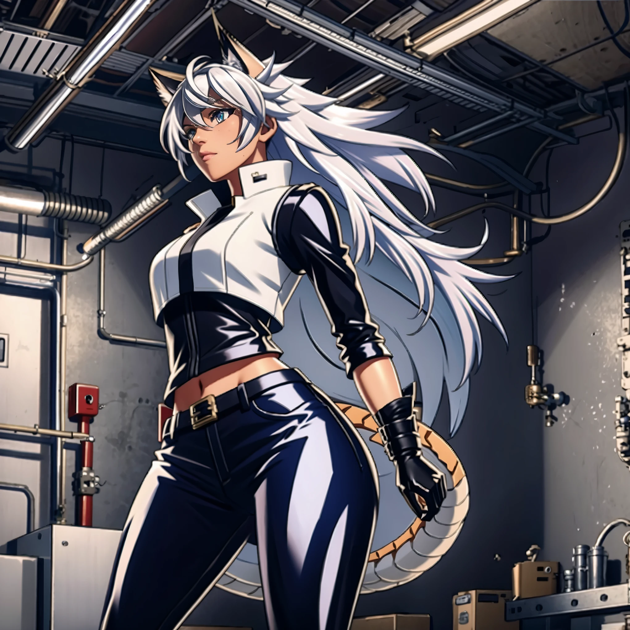 8k, resolution, high quality, high resolution, best quality, extremally detailed, best resolution, absurd resolution, ray tracing, high detailed, masterpiece, extremely detailed,shoulder length white hair, female,2 white wolf ears, teenage girl, slim body,white scale dragon tail, military boots,black leggings, navel blue school skirt, sailer shirt,black bullet proof vest,white jacket, medium size chest, detailed blue eyes, detailed beautiful face,solo female,1 dragon tail, detailed eyes, tomboyish, dragon tail, white scales,MP5 submachine gun 